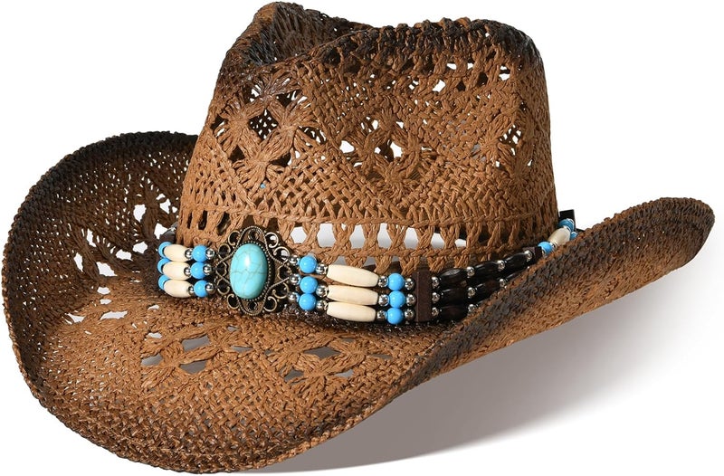 Willheoy Straw Cowboy Hat for Men Womens Straw Cowgirl Hat Summer Western Cowboy Hats with Wide Brim for Cowgirls and Cowboys - Image 1